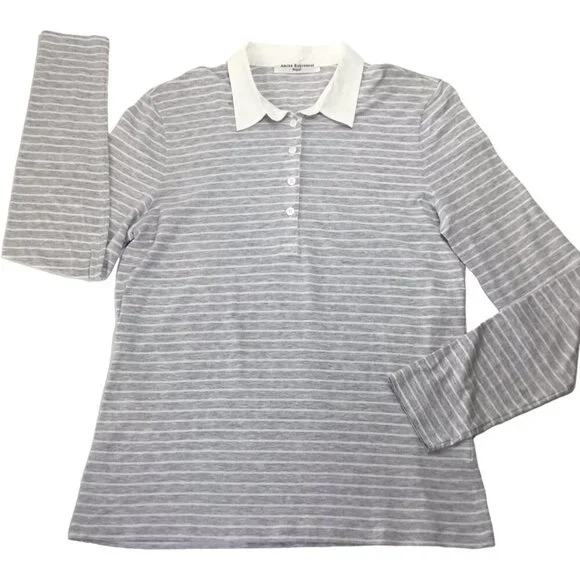 Amina Rubinacci Italy Polo Long Sleeve Gray White Stripe Cotton Size 48 or US 12 - Picture 7 of 10